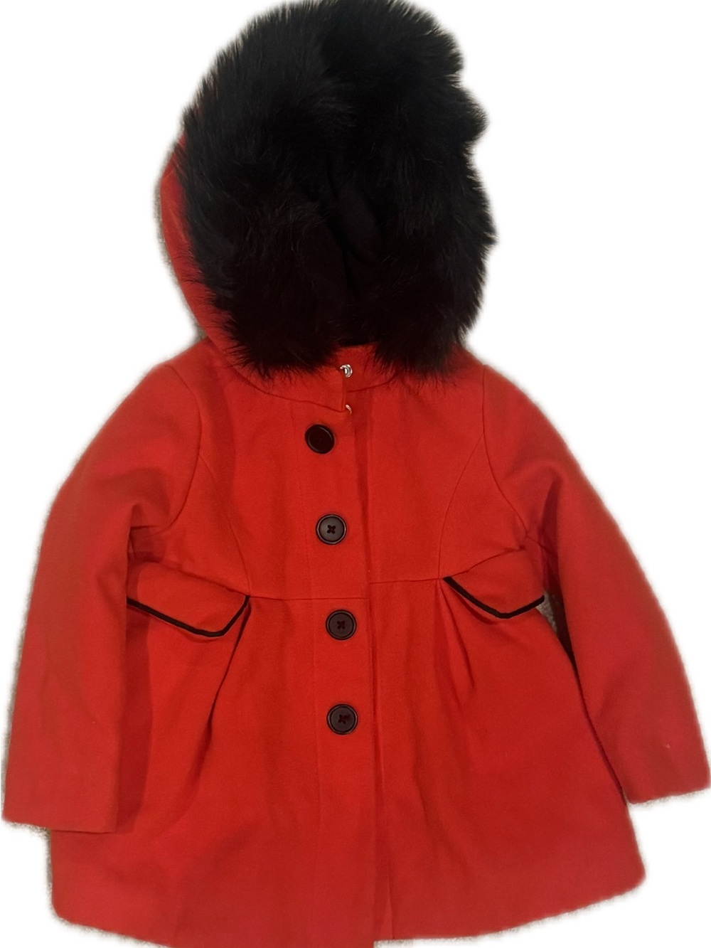 Girls' Red Hooded Pea Coat with Black Faux Fur Trim